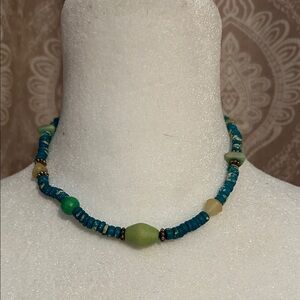 Handcrafted Blue and Green wooden Beaded   stretch Necklace
